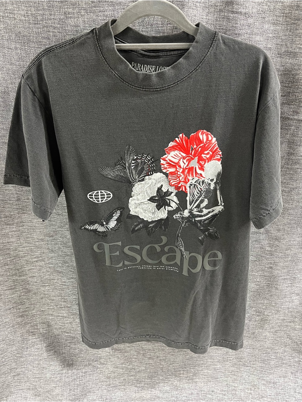 Paradise Lost Graphic Tee - Charcoal with Red Floral Accent